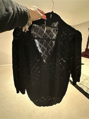 Ann Taylor Black V‑Neck Openwork Sweater